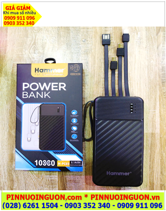 HAMMER H-PC03 PowerBank, Pin dự phòng HAMMER H-PC03 chuẩn 10.000mAh (5V/2.1A, có ĐÈN, 04 dây cáp)